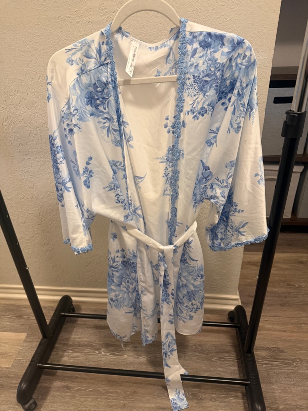 Flora Nikrooz White Satin Robe with Blue Floral Print and Lace